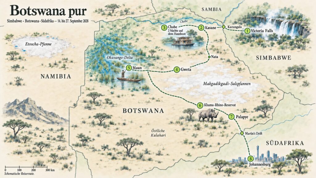 Reiseroute Botswana pur 2028