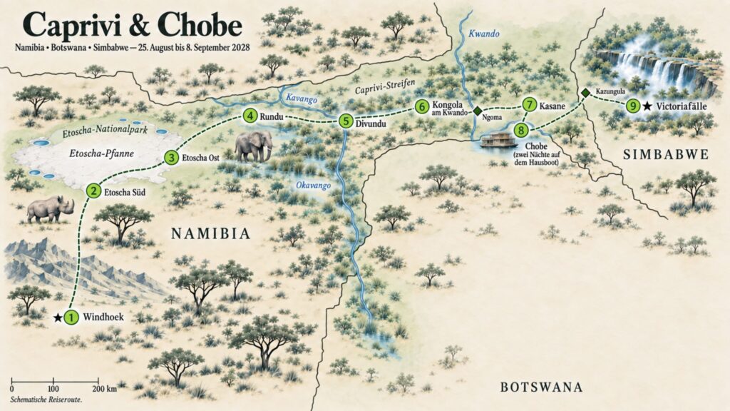 Reiseroute Caprivi & Chobe 2028