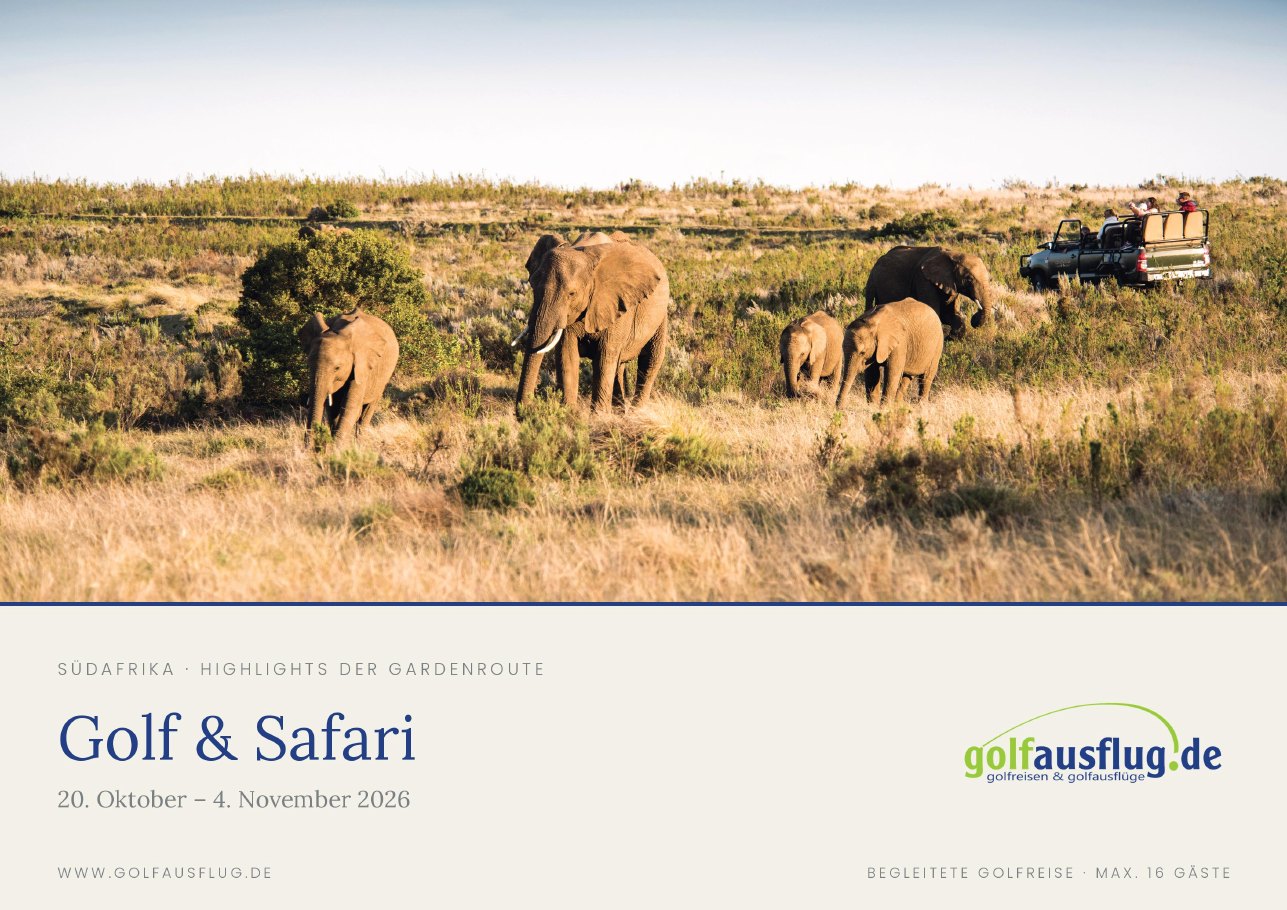 Titelseite der Broschüre Golf & Safari, Highlights der Gardenroute 2026