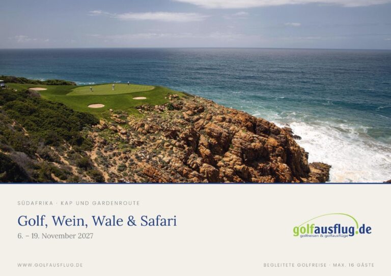 Titelseite der Broschüre Golf, Wein, Wale & Safari 2027