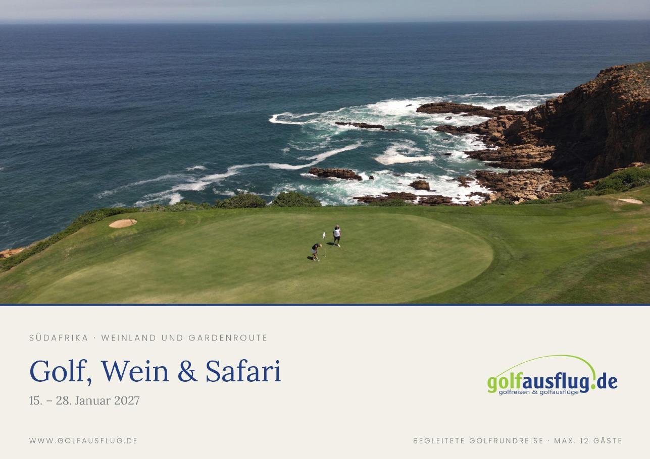 Titelseite der Broschüre Golf, Wein & Safari 2027/28